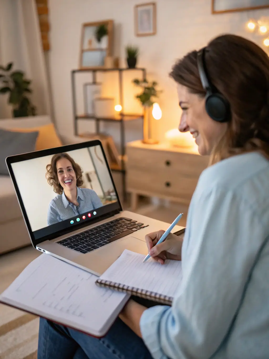 A friendly virtual assistant answering a phone call in a well-lit, organized home office, showcasing excellent customer service skills.