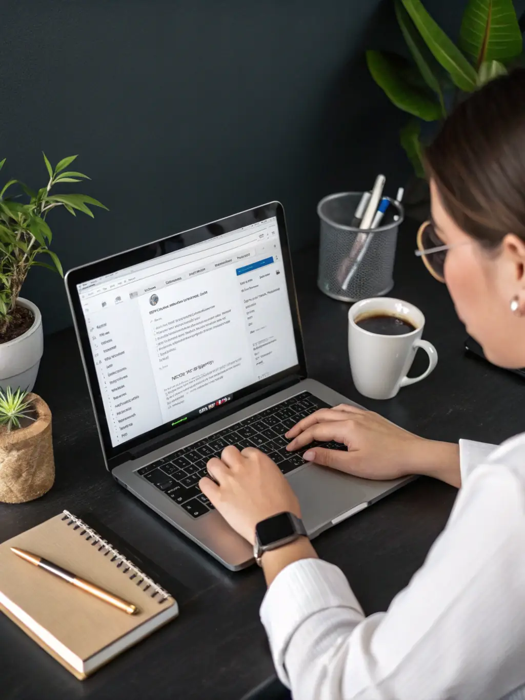 A virtual assistant managing multiple email inboxes on a clean, modern laptop, demonstrating effective email management.